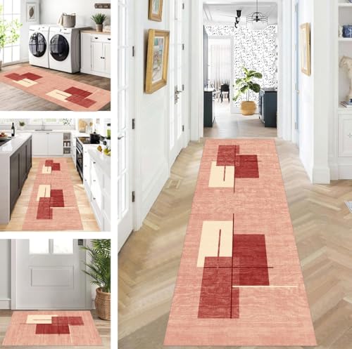ZUZEKU Teppich Läufer Lang Flur Küche rutschfest waschbar Teppichmatten Modern Design Küchenläufer Rot 100X120cm Küchenteppich Meterware Esszimmer Schlafzimmer Wohnzimmer Schmutzfangmatte von ZUZEKU