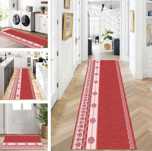 ZUZEKU Teppich Läufer Lang Flur Küche rutschfest waschbar Teppichmatten Modern Design Küchenläufer Rot 110X400cm Küchenteppich Meterware Esszimmer Schlafzimmer Wohnzimmer Schmutzfangmatte von ZUZEKU