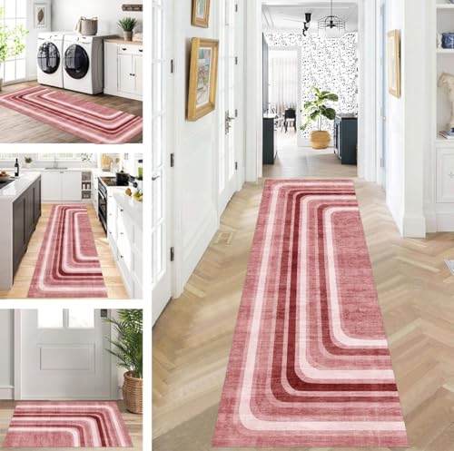 ZUZEKU Teppich Läufer Lang Flur Küche rutschfest waschbar Teppichmatten Modern Design Küchenläufer Rot 70X100cm Küchenteppich Meterware Esszimmer Schlafzimmer Wohnzimmer Schmutzfangmatte von ZUZEKU