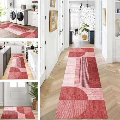ZUZEKU Teppich Läufer Lang Flur Küche rutschfest waschbar Teppichmatten Modern Design Küchenläufer Rot 80X160cm Küchenteppich Meterware Esszimmer Schlafzimmer Wohnzimmer Schmutzfangmatte von ZUZEKU
