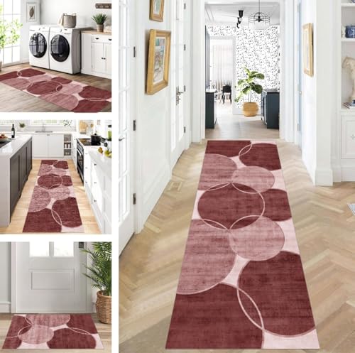 ZUZEKU Teppich Läufer Lang Flur Küche rutschfest waschbar Teppichmatten Modern Design Küchenläufer Rot 90X300cm Küchenteppich Meterware Esszimmer Schlafzimmer Wohnzimmer Schmutzfangmatte von ZUZEKU