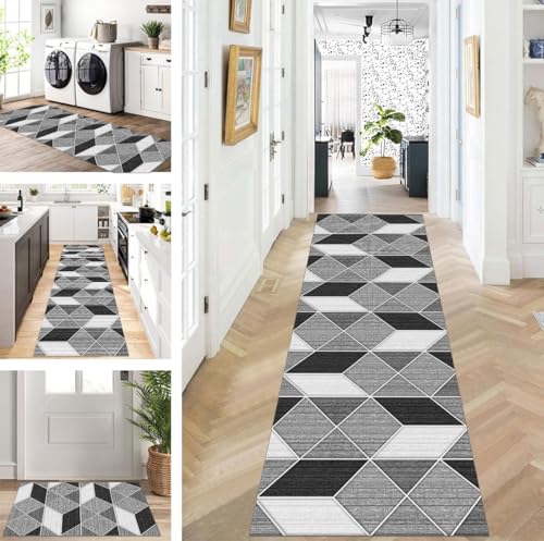ZUZEKU Teppich Läufer Lang Flur Küche rutschfest waschbar Teppichmatten Modern Design Küchenläufer Schwarz Grau 40X200cm Küchenteppich Meterware Esszimmer Schlafzimmer Wohnzimmer Schmutzfangmatte von ZUZEKU