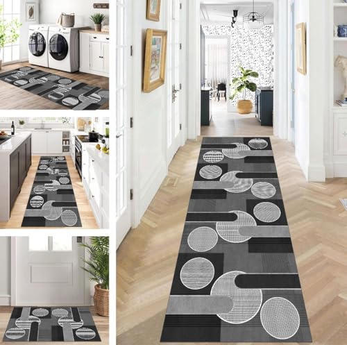 ZUZEKU Teppich Läufer Lang Flur Küche rutschfest waschbar Teppichmatten Modern Design Küchenläufer Schwarz Grau 60X60cm Küchenteppich Meterware Esszimmer Schlafzimmer Wohnzimmer Schmutzfangmatte von ZUZEKU