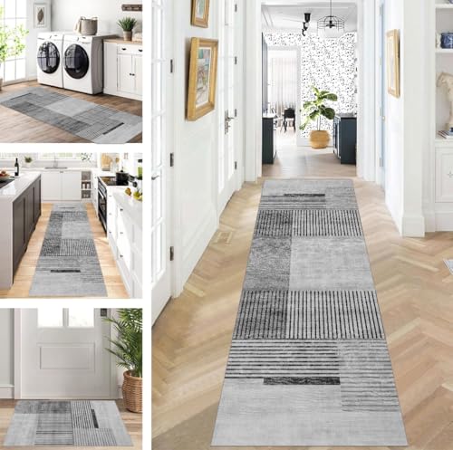ZUZEKU Teppich Läufer Lang Flur Küche rutschfest waschbar Teppichmatten Modern Design Küchenläufer Schwarz Grau 60X90cm Küchenteppich Meterware Esszimmer Schlafzimmer Wohnzimmer Schmutzfangmatte von ZUZEKU