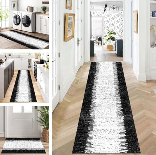 ZUZEKU Teppich Läufer Lang Flur Küche rutschfest waschbar Teppichmatten Modern Design Küchenläufer Schwarz Grau 90X250cm Küchenteppich Meterware Esszimmer Schlafzimmer Wohnzimmer Schmutzfangmatte von ZUZEKU