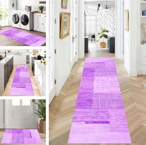 ZUZEKU Teppich Läufer Lang Flur Küche rutschfest waschbar Teppichmatten Modern Design Küchenläufer Violett 110X400cm Küchenteppich Meterware Esszimmer Schlafzimmer Wohnzimmer Schmutzfangmatte von ZUZEKU