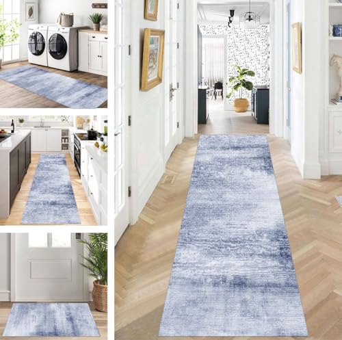 ZUZEKU Teppich Läufer Lang Grau Blau Flur Küche rutschfest waschbar Teppichmatten Modern Design Küchenläufer 100X450cm Küchenteppich Meterware Esszimmer Schlafzimmer Wohnzimmer Schmutzfangmatte von ZUZEKU