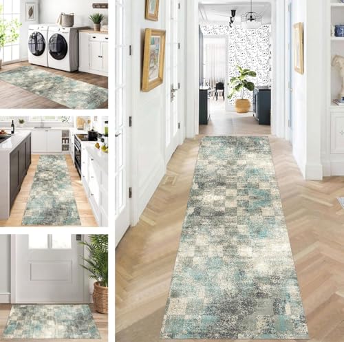 ZUZEKU Teppich Läufer Lang Grau Blau Flur Küche rutschfest waschbar Teppichmatten Modern Design Küchenläufer 120X400cm Küchenteppich Meterware Esszimmer Schlafzimmer Wohnzimmer Schmutzfangmatte von ZUZEKU