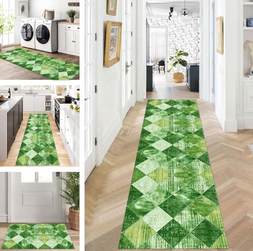 ZUZEKU Teppich Läufer Lang Grün Flur Küche rutschfest waschbar Teppichmatten Modern Design Küchenläufer 110X300cm Küchenteppich Meterware Esszimmer Schlafzimmer Wohnzimmer Schmutzfangmatte von ZUZEKU