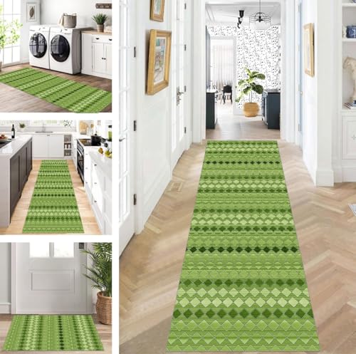 ZUZEKU Teppich Läufer Lang Grün Flur Küche rutschfest waschbar Teppichmatten Modern Design Küchenläufer 80X250cm Küchenteppich Meterware Esszimmer Schlafzimmer Wohnzimmer Schmutzfangmatte von ZUZEKU