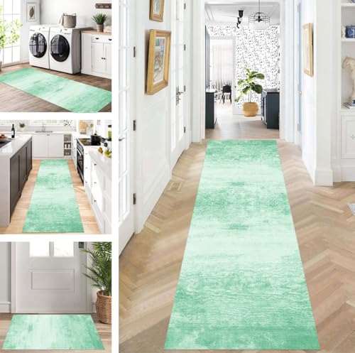 ZUZEKU Teppich Läufer Lang Grün Flur Küche rutschfest waschbar Teppichmatten Modern Design Küchenläufer 90X200cm Küchenteppich Meterware Esszimmer Schlafzimmer Wohnzimmer Schmutzfangmatte von ZUZEKU
