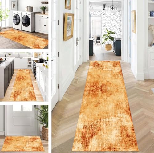 ZUZEKU Teppich Läufer Lang Orange Braun Flur Küche rutschfest waschbar Teppichmatten Modern Design Küchenläufer 70X400cm Küchenteppich Meterware Esszimmer Schlafzimmer Wohnzimmer Schmutzfangmatte von ZUZEKU