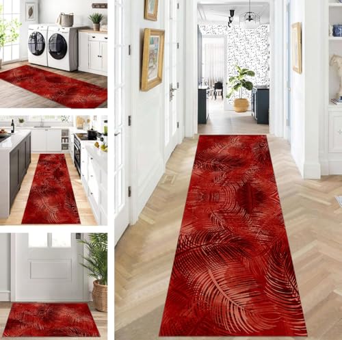ZUZEKU Teppich Läufer Lang Rot Flur Küche rutschfest waschbar Teppichmatten Modern Design Küchenläufer 40X280cm Küchenteppich Meterware Esszimmer Schlafzimmer Wohnzimmer Schmutzfangmatte von ZUZEKU