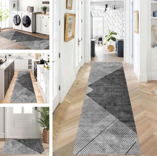 ZUZEKU Teppich Läufer Lang Schwarz Grau Flur Küche rutschfest waschbar Teppichmatten Modern Design Küchenläufer 40X100cm Küchenteppich Meterware Esszimmer Schlafzimmer Wohnzimmer Schmutzfangmatte von ZUZEKU