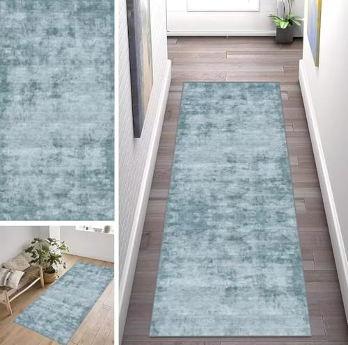 ZUZEKU Vintage Blau Läufer Flur Küche Waschbar rutschfest 80X250cm Lang Unifarbendes Abstraktes Muster Küchenteppich Flurteppich Teppich Fur Korridor Wohnzimmer Schlafzimmer Meterware Anpassbar von ZUZEKU