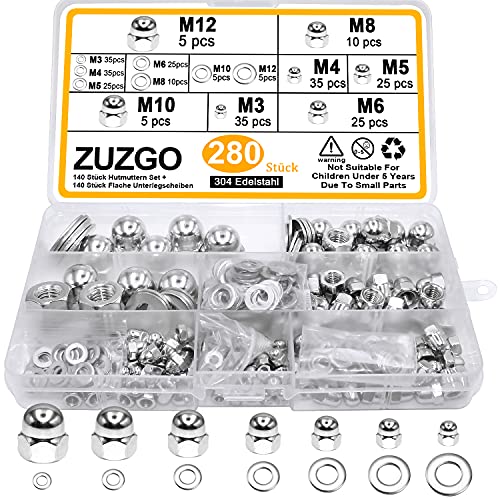 ZUZGO Hutmuttern Set Sechskantmuttern mit Flach Unterlegscheiben 304 Edelstahl Kontermutter Dome Kopf Stopmuttern Secheskant Hutmutter M3 M4 M5 M6 M8 M10 M12(280 Stück) von ZUZGO