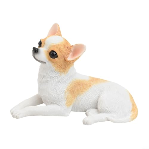 Realistische sitzende Chihuahua-Gartenfigur – detaillierte Hundefigur aus Kunstharz für Outdoor-Dekoration, frostbeständig, 8 x 4 x 5,2 cm (Khaki-Weiß) von ZUZZEE