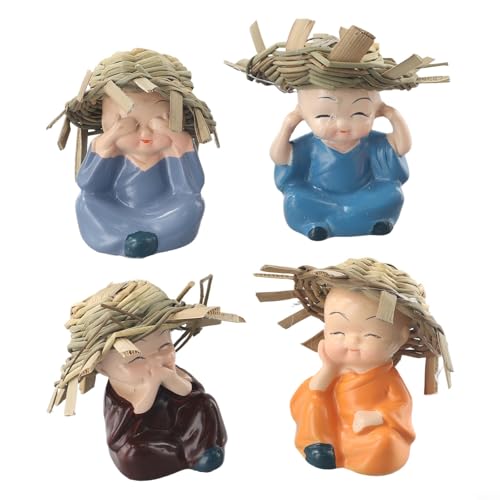 Set mit 4 kleinen Mönchs-Figuren aus Kunstharz, Dekoration für das Armaturenbrett, niedliche buddhistische Mönche, Basteln, Heimdekoration, Ornament-Sammlung von ZUZZEE