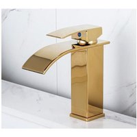 Goldlackierter Wasserfall-Wasserhahn, Warm- und Kaltwasser-Aufsatzwaschbecken, Badezimmerschrank, Einloch-Wasserhahn, Wasserfall-Waschtischarmatur, von ZVD