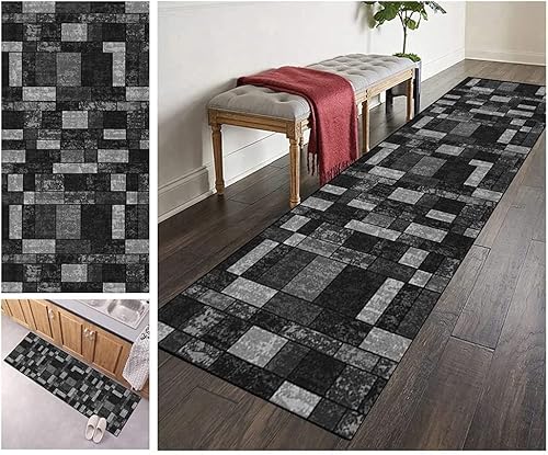 ZVEZVI Teppich Läufer Flur Küche Grau und Schwarz Geometrische Muster 40x90cm Modern rutschfest Waschbar Vintage Kücheläufer Teppichläufer Polyester Meterware Anpassbar von ZVEZVI