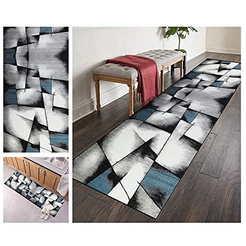 ZVEZVI Teppich Läufer Flur Küche rutschfest Waschbar Grau und Blau 60X200CM Vintage Meterware, Teppichläufer Kücheläufer Polyester Anpassbar von ZVEZVI