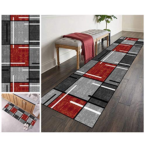 ZVEZVI Teppich Läufer Flur Küche rutschfest Waschbar Grau und Rot Geometrische Muster 40x120cm Boho Bunter Modern rutschfest Waschbar Vintage Kücheläufer Teppichläufer Polyester Meterware Anpassbar von ZVEZVI