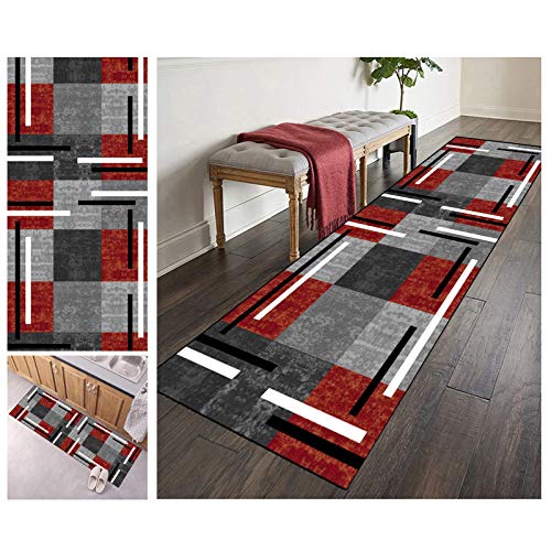 ZVEZVI Teppich Läufer Flur Küche rutschfest Waschbar Grau und Rot Geometrische Muster 40x160cm Boho Bunter Modern rutschfest Waschbar Vintage Kücheläufer Teppichläufer Polyester Meterware Anpassbar von ZVEZVI