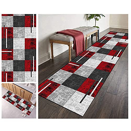 ZVEZVI Teppich Läufer Flur Küche rutschfest Waschbar Grau und Rot Geometrische Muster 50x160cm Bunter Modern rutschfest Waschbar Vintage Kücheläufer Teppichläufer Polyester Meterware Anpassbar von ZVEZVI