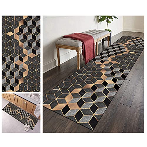 ZVEZVI Teppich Läufer Flur Küche rutschfest Waschbar Grau und Schwarz Geometrisches 3D-Muster 50x280cm Bunter Modern Rutschfest Waschbar Vintage Kücheläufer Teppichläufer Polyester Meterware Anpassbar von ZVEZVI