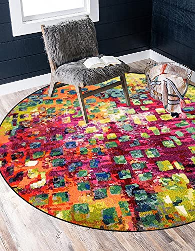ZVEZVI Teppich Rund, Runde Teppiche 120 Rosa und Grün Bunt Boho Waschbar rutschfest Wohnzimmer Schlafzimmer von ZVEZVI