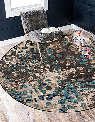 ZVEZVI Teppich Rund, Runde Teppiche 200 Braun und Blau Bunt Boho Waschbar rutschfest Wohnzimmer Schlafzimmer von ZVEZVI