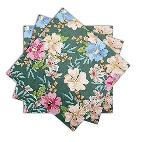 Geblümt Party Servietten, Blumen Servietten Goldfolie 20 Stück Floral Grün Papier-servietten 33 x 33cm Partygeschirr Deko für Teeparty, Frühlingsfest, Hochzeit, Cocktailparty, Gedenktag, Geburtstag von ZVK