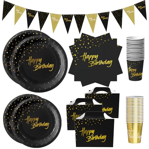 Partygeschirr Vergolden 181 Stück Pappteller, Servietten, Becher, Gebäckkartons, Messer, Gabeln, Löffel, Banner, Papier Einweg Geschirr-Sets zum Geburtstag Partyzubehör Deko (Schwarz) von ZVK