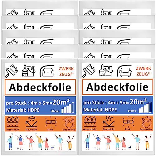 10x ZWERKZEUG® 10 Stück Set je 4m x 5m Maler Abdeckfolie Transparente Staubschutzfolie Plastikplane Allzweck-Folie Malerplane Malerfolie Abdeckvlies Abdeckplane Malerarbeit (Extra Stark x 10 Stück) von ZWERKZEUG