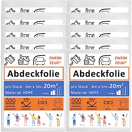 10x ZWERKZEUG® 10 Stück Set je 4m x 5m Maler Abdeckfolie Transparente Staubschutzfolie Plastikplane Allzweck-Folie Malerplane Malerfolie Abdeckvlies Abdeckplane Malerarbeit (Normal x 10 Stück) von ZWERKZEUG