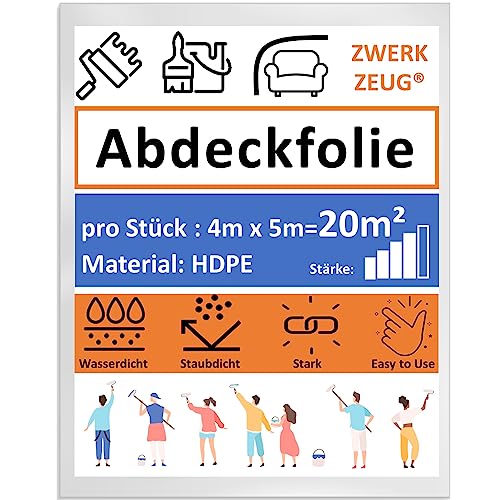 ZWERKZEUG® 4m x 5m Maler Abdeckfolie Transparente Staubschutzfolie Plastikplane Allzweck-Folie Malerplane Malerfolie Abdeckvlies Abdeckplane Malerarbeit von ZWERKZEUG