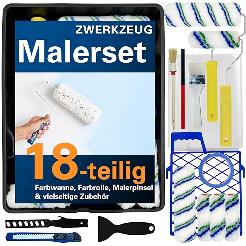 ZWERKZEUG® 18 Teilig all-around Maler Set, mit Farbroller, Farbpinsel, Farbwanne, Farbrolle, Farbwalze, Farbzubehör - ideal für Wandfarbe, Malerzubehör Malerbedarf von ZWERKZEUG