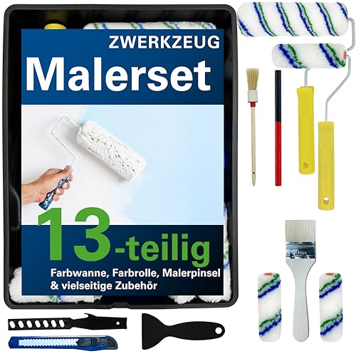 ZWERKZEUG® 13Teilig all-around Maler Set, mit Farbroller, Farbpinsel, Farbwanne, Farbrolle, Farbwalze, Farbzubehör - ideal für Wandfarbe, Malerzubehör Malerbedarf (Malerset M - 13 Teilig) von ZWERKZEUG