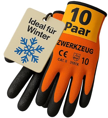 ZWERKZEUG 10 Paar Warme Arbeitshandschuhe für kalte Tage - Winter Bauhandschuhe mit Latex-Beschichtung - Thermo-arbeitshandschuhe Abriebfest - Herren Sicherheitshandschuhe (11-XXL) von ZWERKZEUG