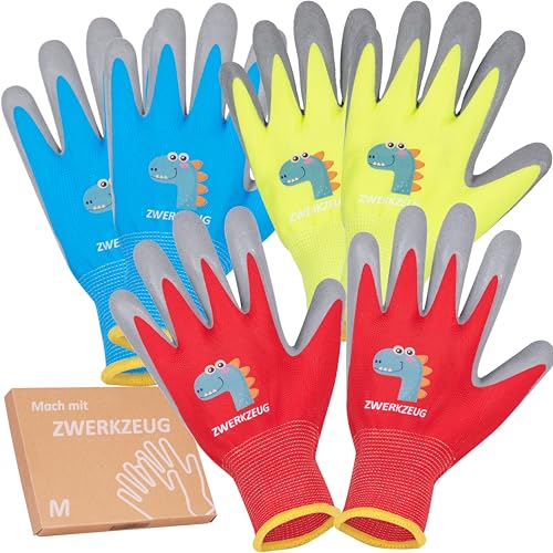 ZWERKZEUG 3 Paar Kinder Arbeitshandschuhe mit natürlicher Latexschicht und dehnbarem Gewebe, Kinder Schutzhandschuhe mit Handflächenbeschichtung, Gummibeschichtete Arbeitshandschuhe, mehrfarbig von ZWERKZEUG