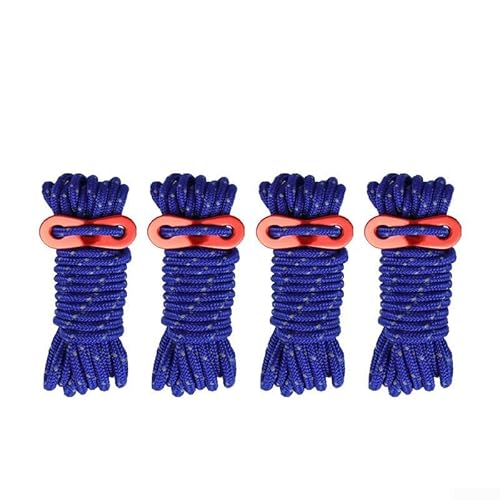 Winddichtes, reflektierendes Camping-Seil, 4 mm x 4 m, Abspannleine mit Spannungsverstellern für sichere Einrichtungen (4 Stück, blau) von ZWEquipint