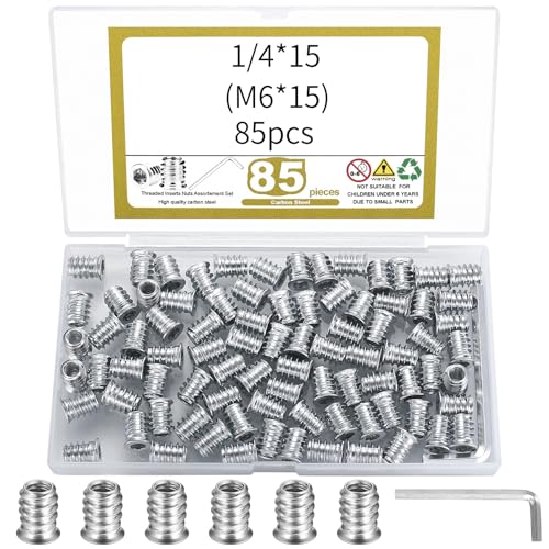 85 Stück 1/4x15mm(M6*15) Gewindeeinsatz Holz, Einschraubmutter Einschraubmuffen 1/4" Einschraubmuttern, Innensechskant Schraube Innensechskantmuttern für Holzmöbel Gewindeeinsätze Muttern von ZWFSDM