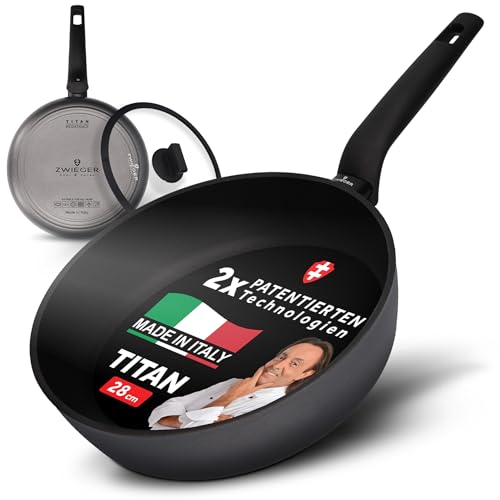 ZWIEGER Innovative Pfanne mit Deckel 28cm - TITAN Schmorpfanne 28 cm hoher Rand, Bratpfanne 28 cm hoher Rand, Bratpfanne mit Deckel - Hochrandpfanne 28 cm Induktion, Spülmaschinengeeignet von ZWIEGER haus & küche