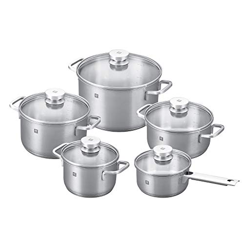 ZWILLING Focus 10-teiliges Edelstahl-Kochgeschirr-Set I Industion kompatibel I 18/10 Edelstahl-Innenausstattung für rein schmeckende Speisen I Glasdeckel und gefaltete Ränder, Regular, Silber von ZWILLING