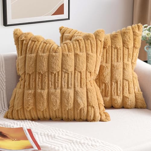 ZWJD 2er Set Gelb Kissenbezug 40x40 Kunstpelz Plüsch Kissenbezüge Weiche Kissenhülle Flauschig Dekokissen Moderne Kissen Deko für Wohnzimmer Sofa Schlafzimmer Auto Dekor Sofakissen 40 x 40cm von ZWJD