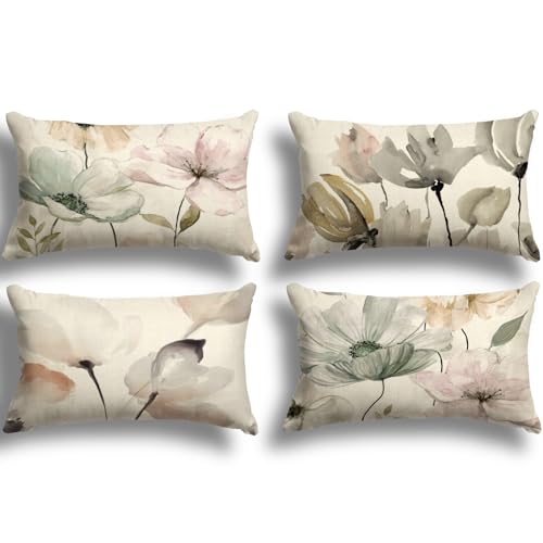 ZWJD Blumen Kissenbezug 30x50 4er Set Outdoor Kissen Dekokissen Leinen Kissenhülle Kissenbezüge Florales Aquarellgemälde Kissenhüllen für Sofa Wohnzimmer Zierkissen 30x50cm von ZWJD