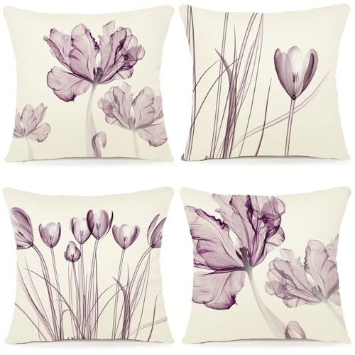 ZWJD Blumen Kissenbezug 40x40 4er Set Outdoor Kissen Dekokissen Leinen Kissenhülle Kissenbezüge Florales Aquarellgemälde Kissenhüllen für Sofa Wohnzimmer Zierkissen 40x40cm von ZWJD