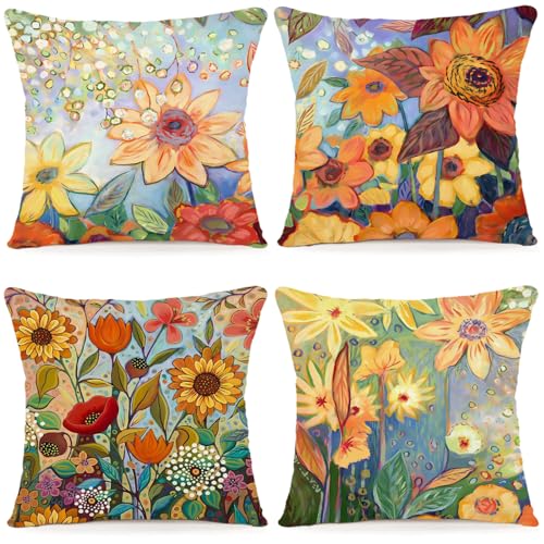 ZWJD Blumen Kissenbezug 45x45 4er Set Outdoor Kissen Dekokissen Leinen Kissenhülle Kissenbezüge Florales Aquarellgemälde Kissenhüllen für Sofa Wohnzimmer Zierkissen 45x45cm von ZWJD