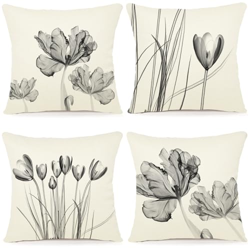 ZWJD Blumen Kissenbezug 45x45 4er Set Outdoor Kissen Dekokissen Leinen Kissenhülle Kissenbezüge Florales Aquarellgemälde Kissenhüllen für Sofa Wohnzimmer Zierkissen 45x45cm von ZWJD