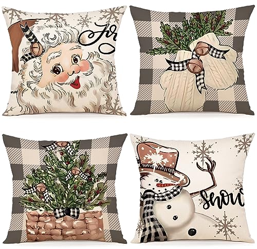 ZWJD Kissenbezug Weihnachten 45x45 4er Set Kissenbezüge Dekokissen Leinen Kissenhüllen für Deko Weihnachten Sofa Schlafzimmer Couch Kissenbezug 45x45 cm von ZWJD